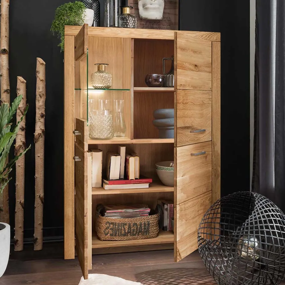 Wohnen Highboards|Schränke<102x141x40 Highboard aus Wildeiche mit Glaseinsatz - Loitons