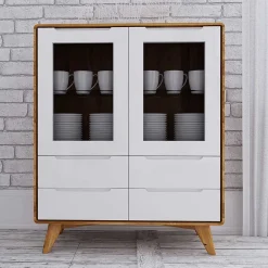 Wohnen Vitrinen<90x109x40 Highboard mit Glas Türen & 4 Schubladen - Diesta