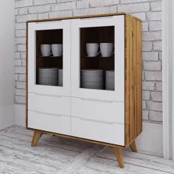 Wohnen Vitrinen<90x109x40 Highboard mit Glas Türen & 4 Schubladen - Diesta