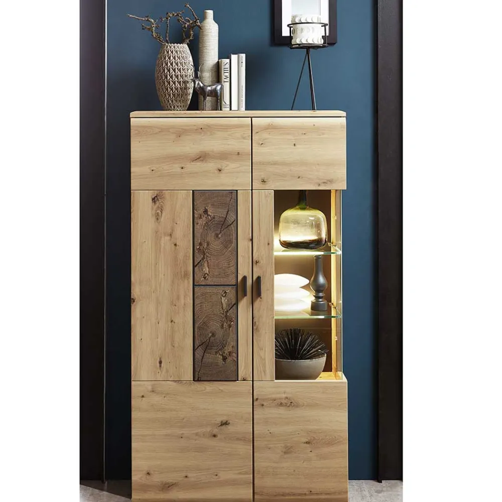 Wohnen Highboards|Vitrinen<80x148x37 Highboard mit Glaseinsatz in Holzoptik - Iniaco