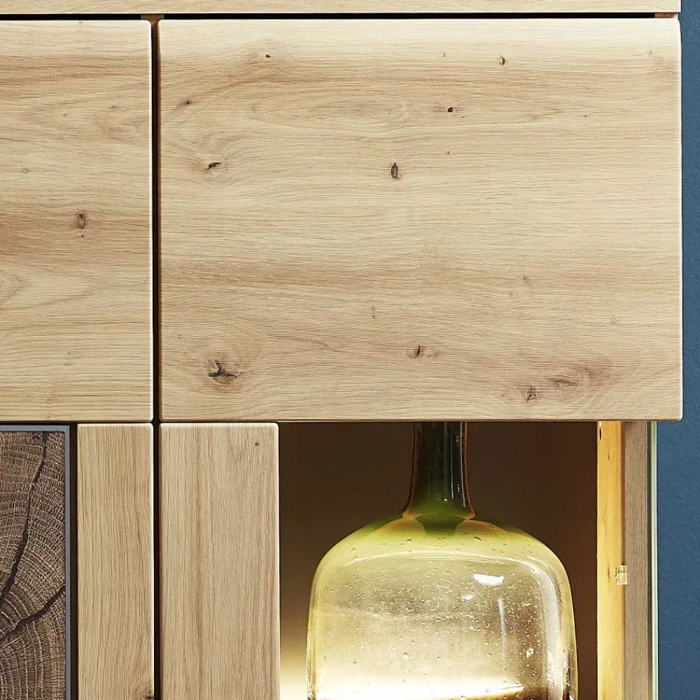 Wohnen Highboards|Vitrinen<80x148x37 Highboard mit Glaseinsatz in Holzoptik - Iniaco