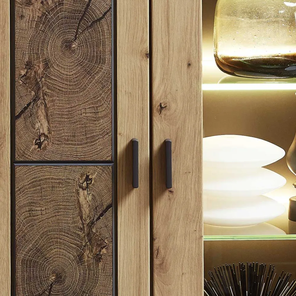 Wohnen Highboards|Vitrinen<80x148x37 Highboard mit Glaseinsatz in Holzoptik - Iniaco