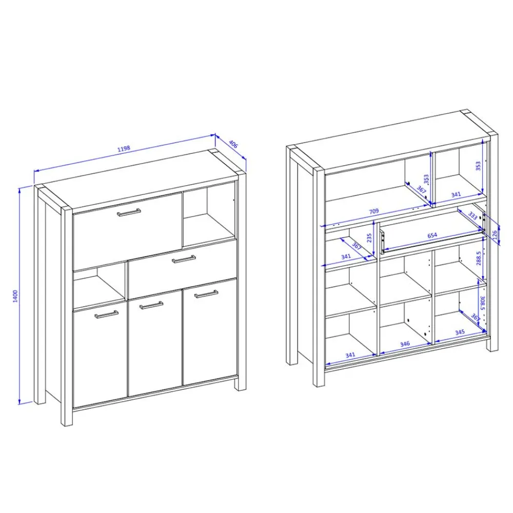 Wohnen Highboards<120x140x41 Highboard mit Klappe & 3 Türen - Zavorra
