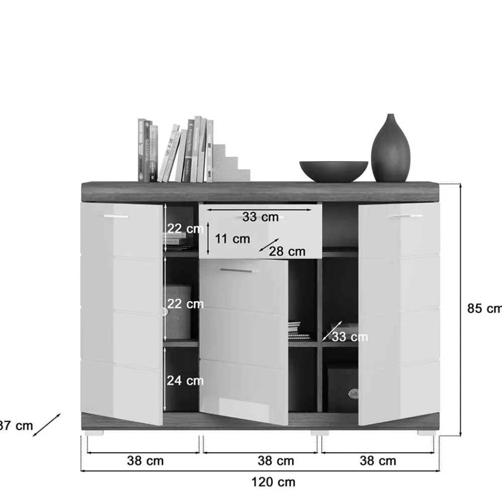 Wohnen Sideboards<120x85x37 Hochglanz Kommode in Weiß & Grau - Nancys