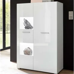 Wohnen Highboards|Vitrinen<80x123x35 Hochglanz Vitrinenschrank in Weiß - Timmona