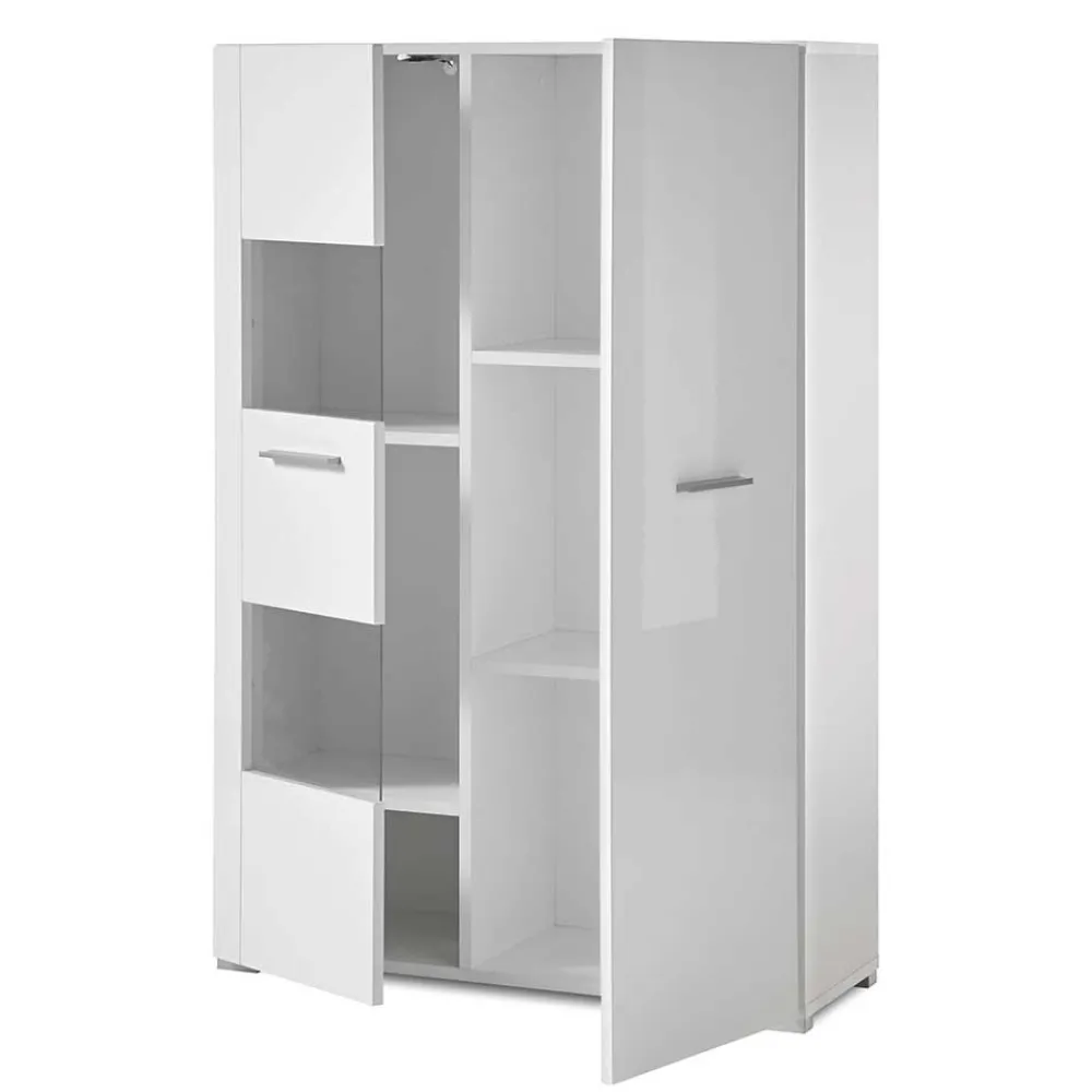 Wohnen Highboards|Vitrinen<80x123x35 Hochglanz Vitrinenschrank in Weiß - Timmona