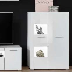 Wohnen Highboards|Vitrinen<80x123x35 Hochglanz Vitrinenschrank in Weiß - Timmona