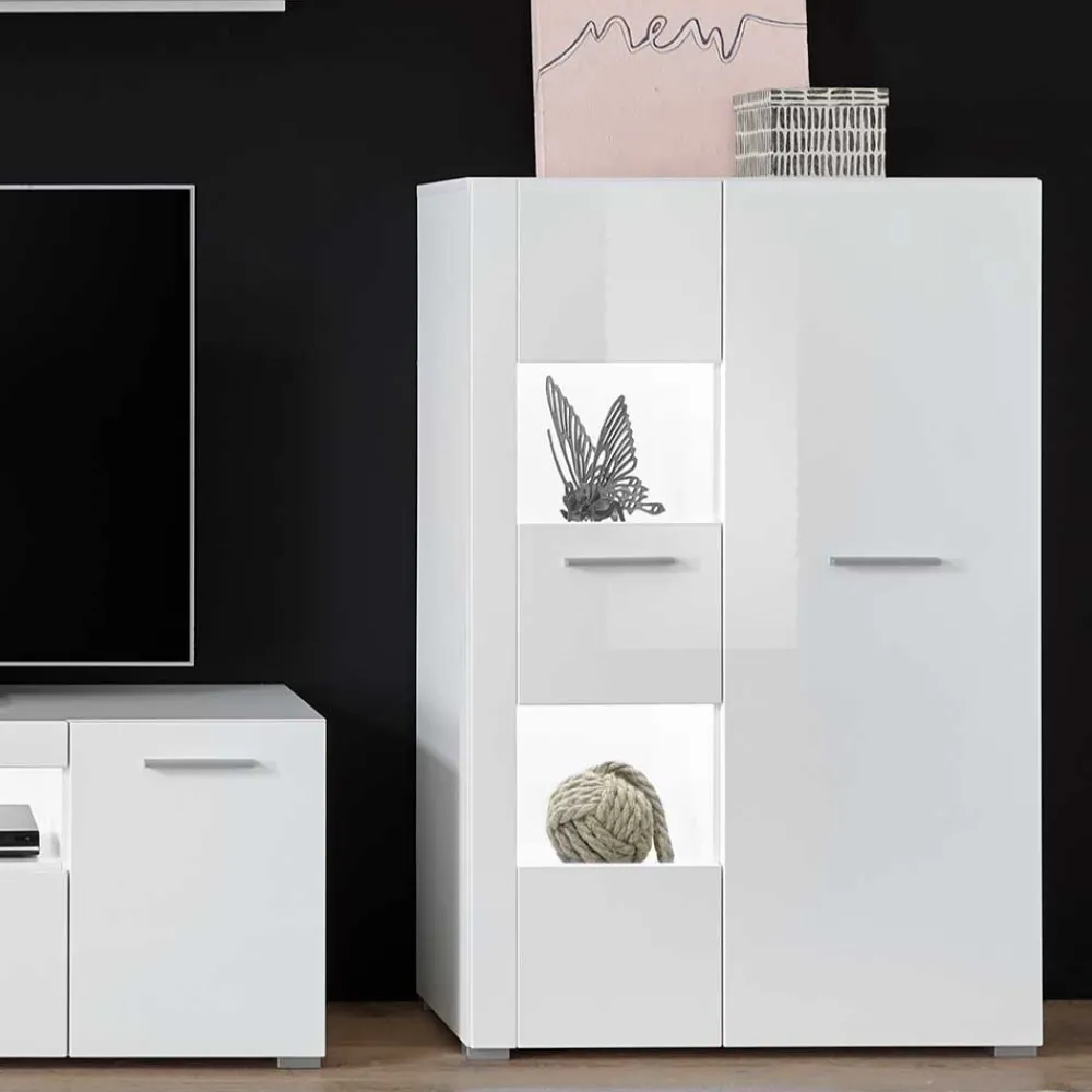 Wohnen Highboards|Vitrinen<80x123x35 Hochglanz Vitrinenschrank in Weiß - Timmona