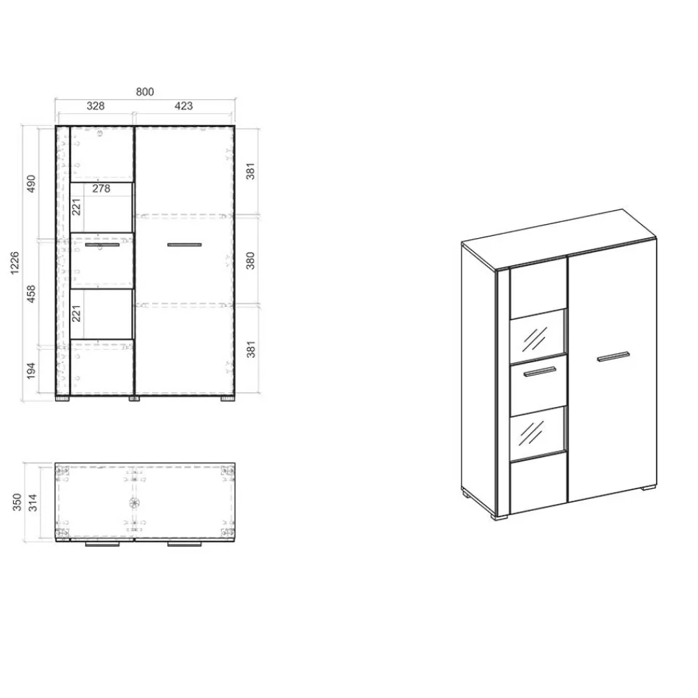 Wohnen Highboards|Vitrinen<80x123x35 Hochglanz Vitrinenschrank in Weiß - Timmona