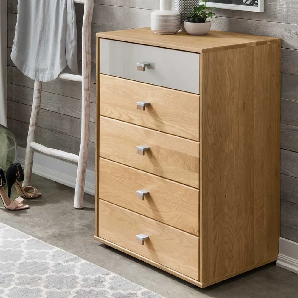 Wohnen Kommoden<60x86x43 Hochkommode in Beige Glas & Eiche - Emdsiva
