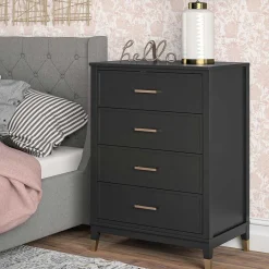 Wohnen Kommoden<76x106x51 Hochkommode in Schwarz und Gold - Lorenca