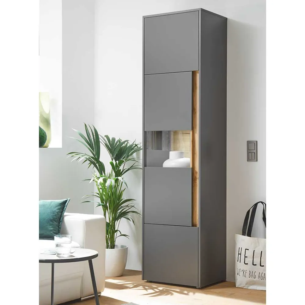 Wohnen Vitrinen<50x197x40 Hoher Wohnzimmerschrank mit Glaseinsatz - Ahilav