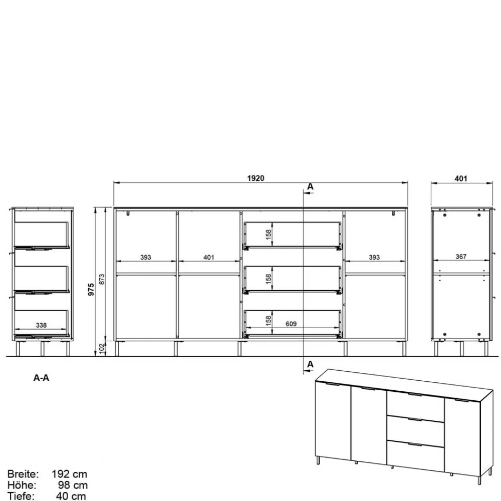 Wohnen Sideboards<192x98x40 Hohes Sideboard in Dunkelgrau - Lurys