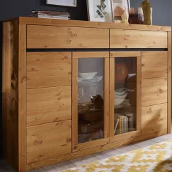 Wohnen Highboards|Kommoden<177x125x42 Holz Schrank mit 2 Glas Türen - Filedria