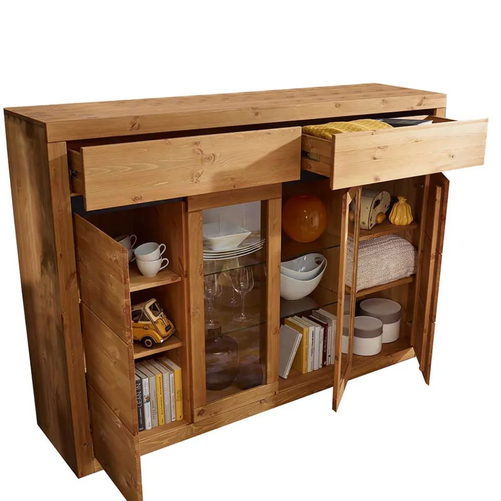 Wohnen Highboards|Kommoden<177x125x42 Holz Schrank mit 2 Glas Türen - Filedria
