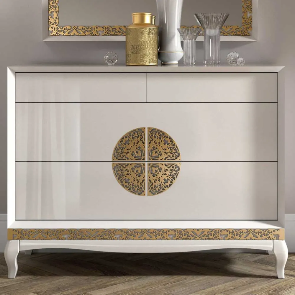 Wohnen Sideboards<128x100x52 Italienische Kommode in Weiß & Gold - Valganios