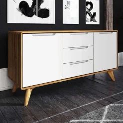 Wohnen Tv & Hifi-Möbel|Lowboards<134x63x40 Kombi Kommode in Weiß & Wildeiche Natur - Diesta