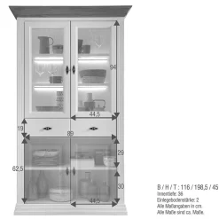 Wohnen Vitrinen<116x199x45 Landhaus Vitrinenschrank in Weiß - Henry