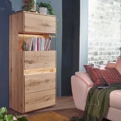 Wohnen Vitrinen<63x152x44 Massivholz Highboard mit LED Licht - Acmida