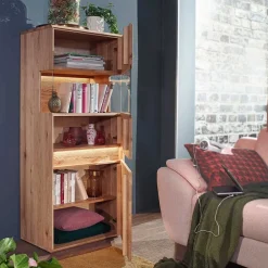 Wohnen Vitrinen<63x152x44 Massivholz Highboard mit LED Licht - Acmida