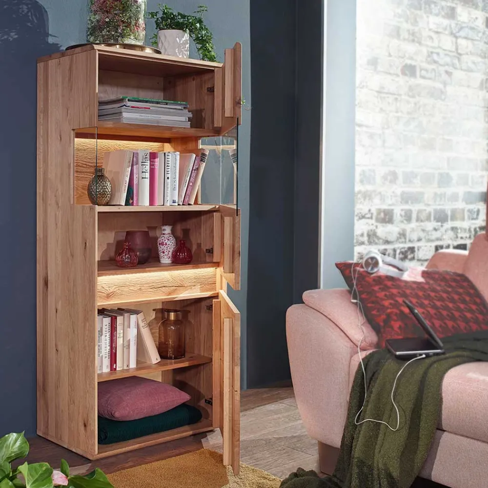 Wohnen Vitrinen<63x152x44 Massivholz Highboard mit LED Licht - Acmida