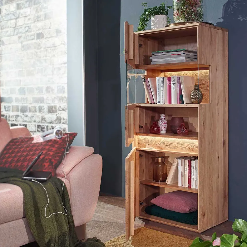 Wohnen Vitrinen<63x152x44 Massivholz Highboard mit LED Licht - Acmida
