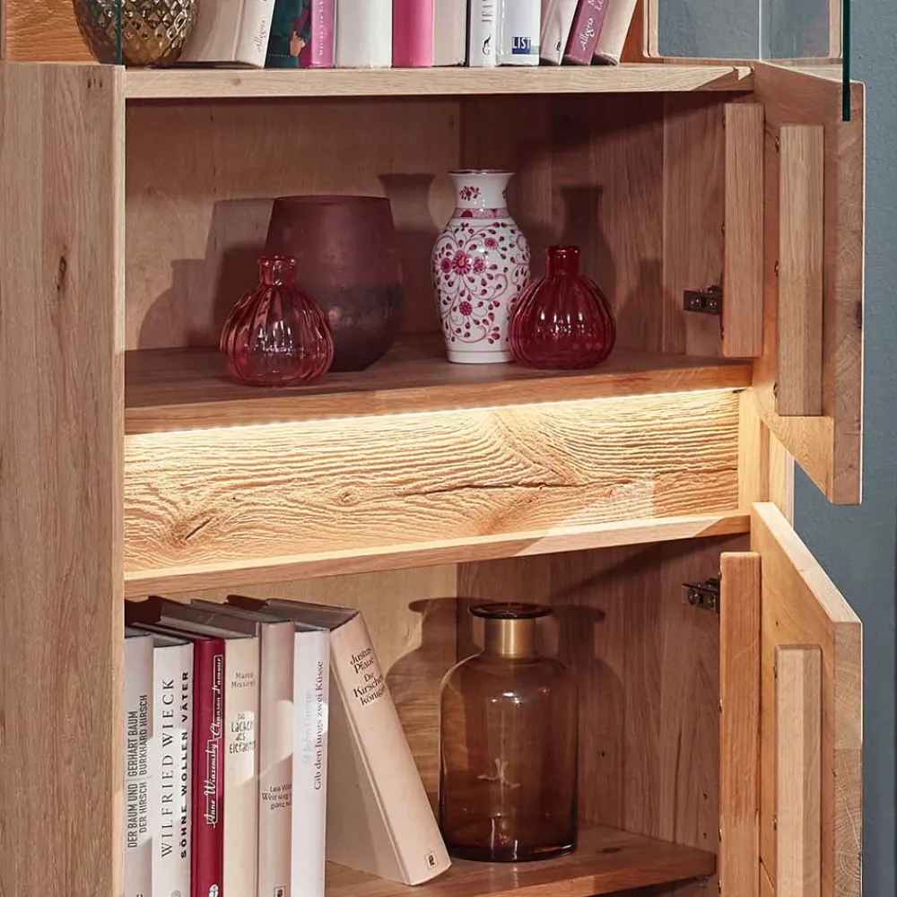 Wohnen Vitrinen<63x152x44 Massivholz Highboard mit LED Licht - Acmida