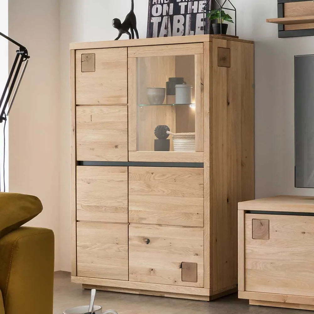 Wohnen Highboards|Vitrinen<103x148x40 Modernes Holz-Highboard mit Glaseinsatz - Embleys