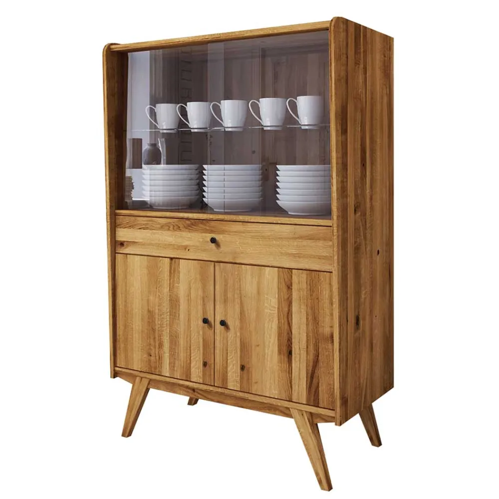 Wohnen Highboards|Schränke<100x154x50 Retro Vitrinenschrank aus Wildeiche - Hardus