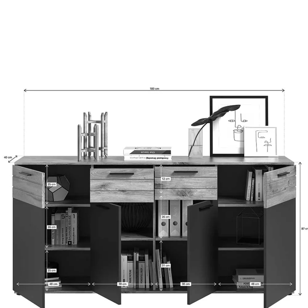 Wohnen Sideboards<180x87x40 Sideboard mit 2 Schubladen & 4 Türen - Lucios