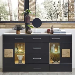 Wohnen Sideboards<170x93x40 Sideboard mit Glas in Schwarz & Wildeiche - Kandu