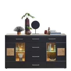 Wohnen Sideboards<170x93x40 Sideboard mit Glas in Schwarz & Wildeiche - Kandu