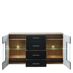 Wohnen Sideboards<170x93x40 Sideboard mit Glas in Schwarz & Wildeiche - Kandu