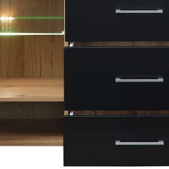 Wohnen Sideboards<170x93x40 Sideboard mit Glas in Schwarz & Wildeiche - Kandu