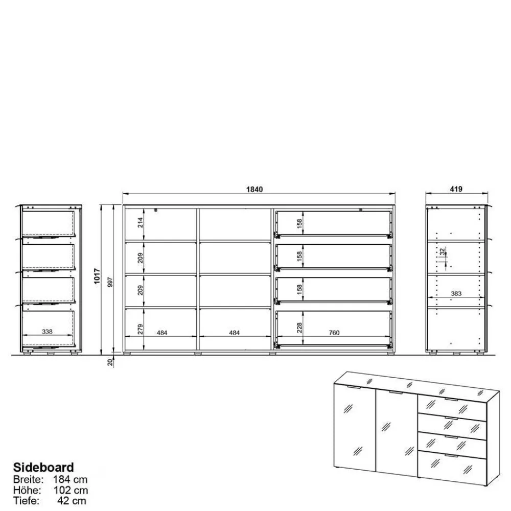 Wohnen Sideboards<184x102x42 Sideboard mit Glasfront - Ruudy