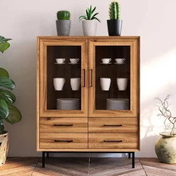Wohnen Highboards|Vitrinen<97x125x45 Skandi Vitrine mit vier Schubladen - Kerfa