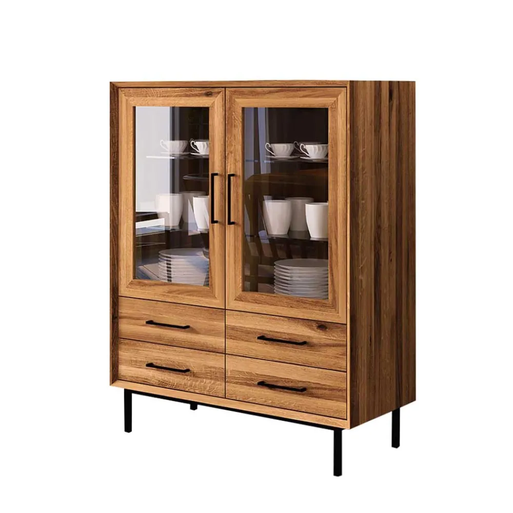 Wohnen Highboards|Vitrinen<97x125x45 Skandi Vitrine mit vier Schubladen - Kerfa