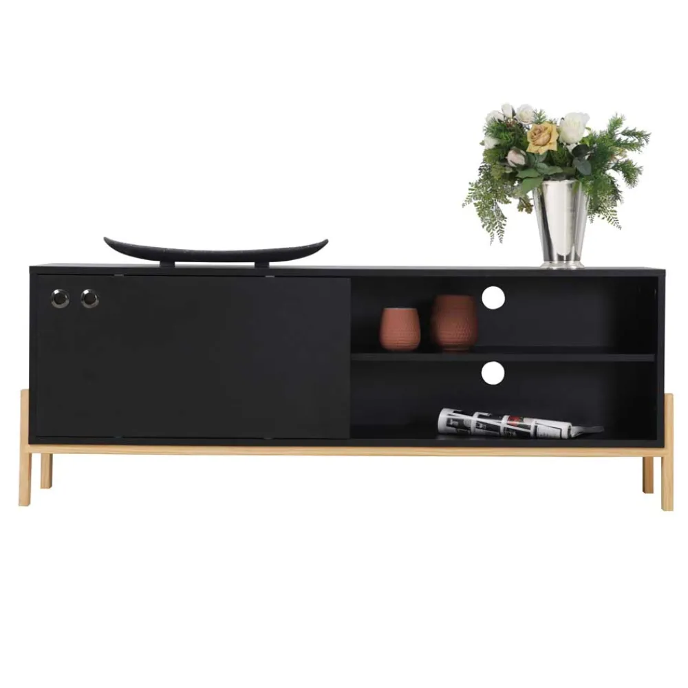 Wohnen Tv & Hifi-Möbel|Lowboards<140x52x35 TV Lowboard in Schwarz & Pinie Natur - Estrevin