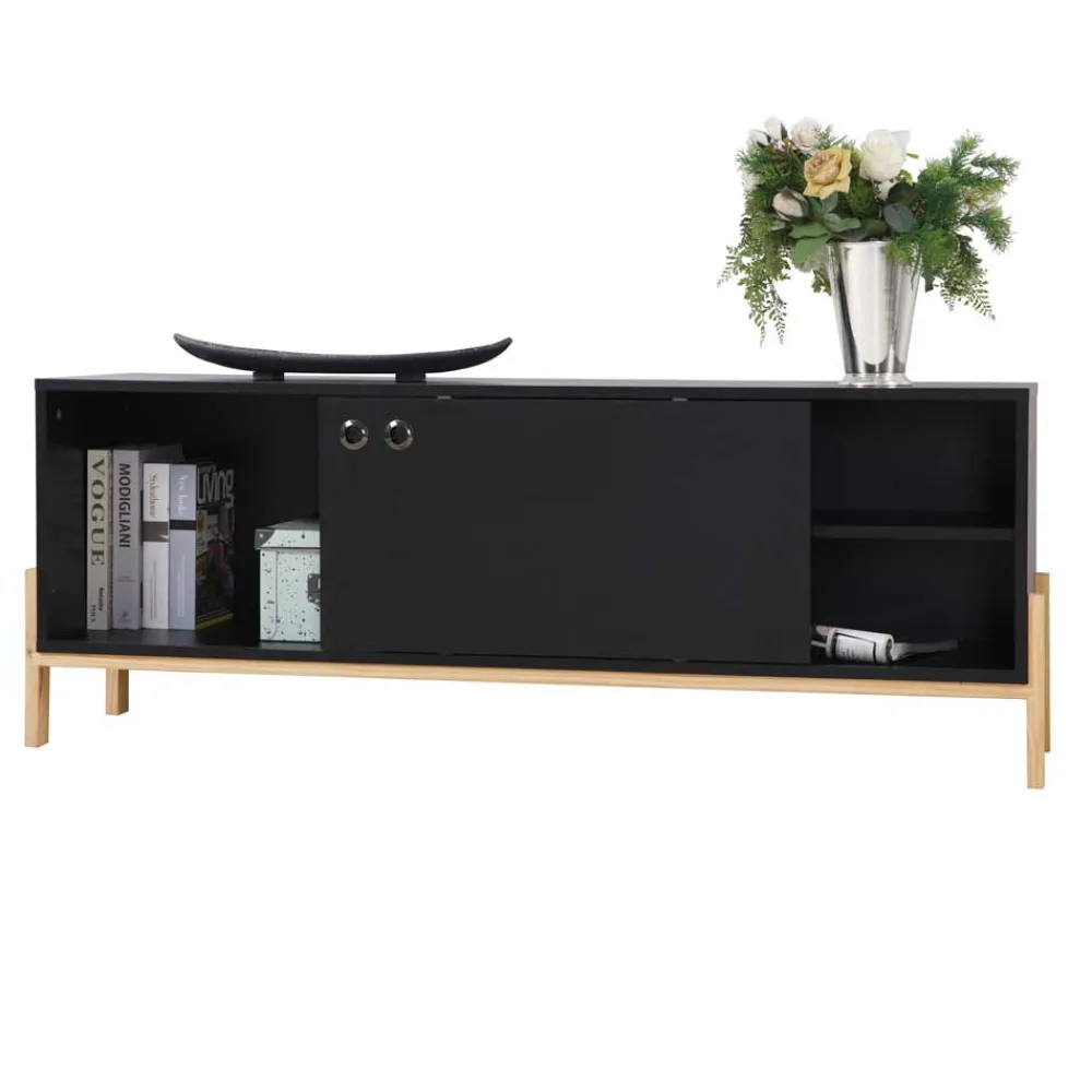 Wohnen Tv & Hifi-Möbel|Lowboards<140x52x35 TV Lowboard in Schwarz & Pinie Natur - Estrevin