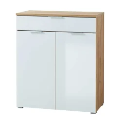 Wohnen Kommoden<89x105x40 Vertiko in Weiß Glas & Eiche - Reestyl