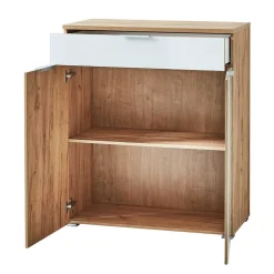 Wohnen Kommoden<89x105x40 Vertiko in Weiß Glas & Eiche - Reestyl