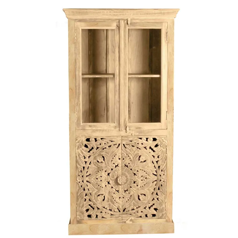 Wohnen Vitrinen<90x180x45 Vintage Holzvitrine mit Schnitzerei - Runiasa