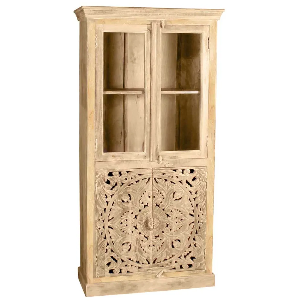 Wohnen Vitrinen<90x180x45 Vintage Holzvitrine mit Schnitzerei - Runiasa
