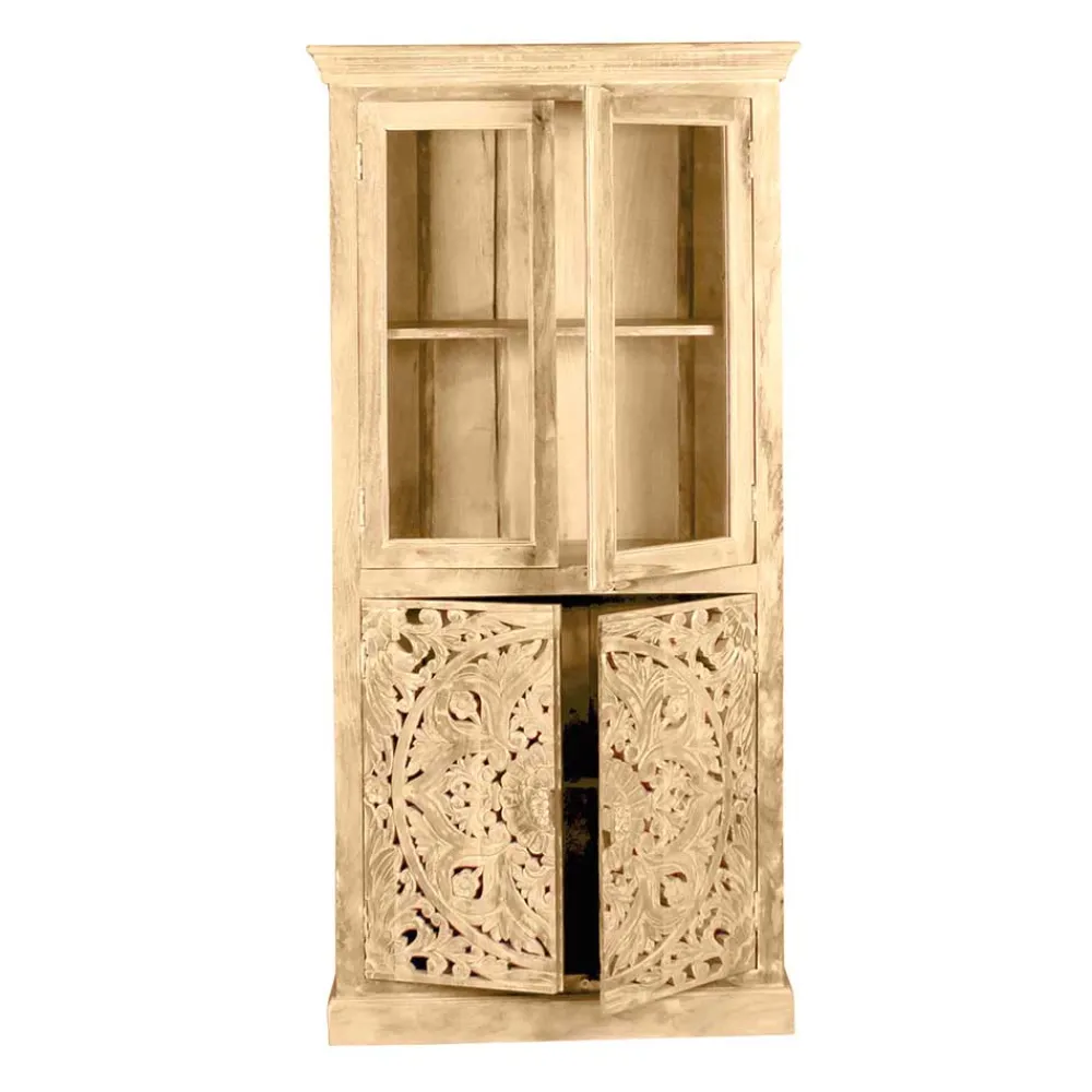 Wohnen Vitrinen<90x180x45 Vintage Holzvitrine mit Schnitzerei - Runiasa