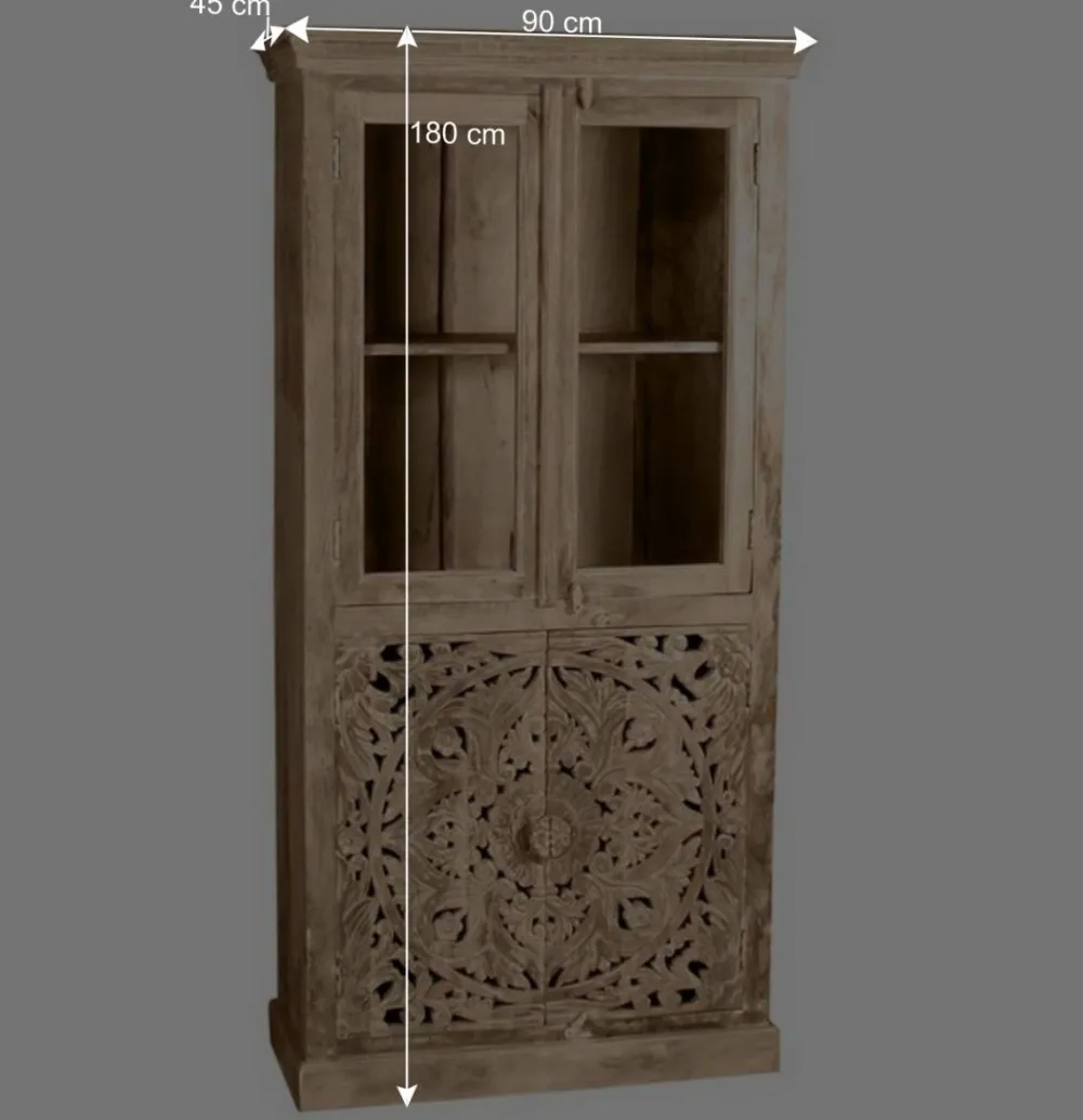 Wohnen Vitrinen<90x180x45 Vintage Holzvitrine mit Schnitzerei - Runiasa