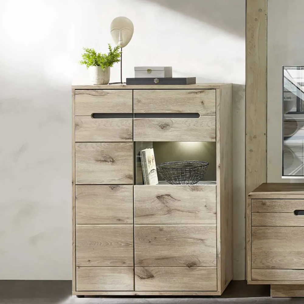 Wohnen Highboards|Vitrinen<90x128x38 Vitrine Highboard in Wildeiche NB - Zelio