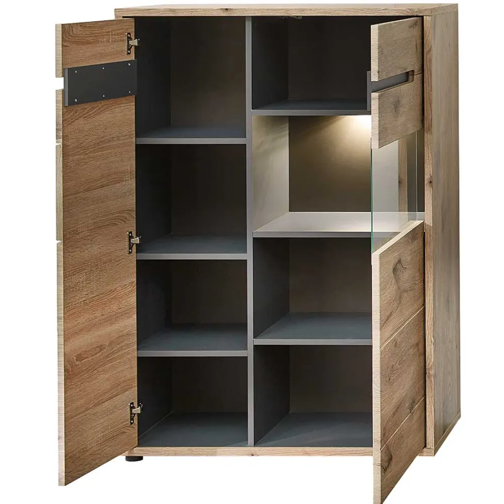Wohnen Highboards|Vitrinen<90x128x38 Vitrine Highboard in Wildeiche NB - Zelio