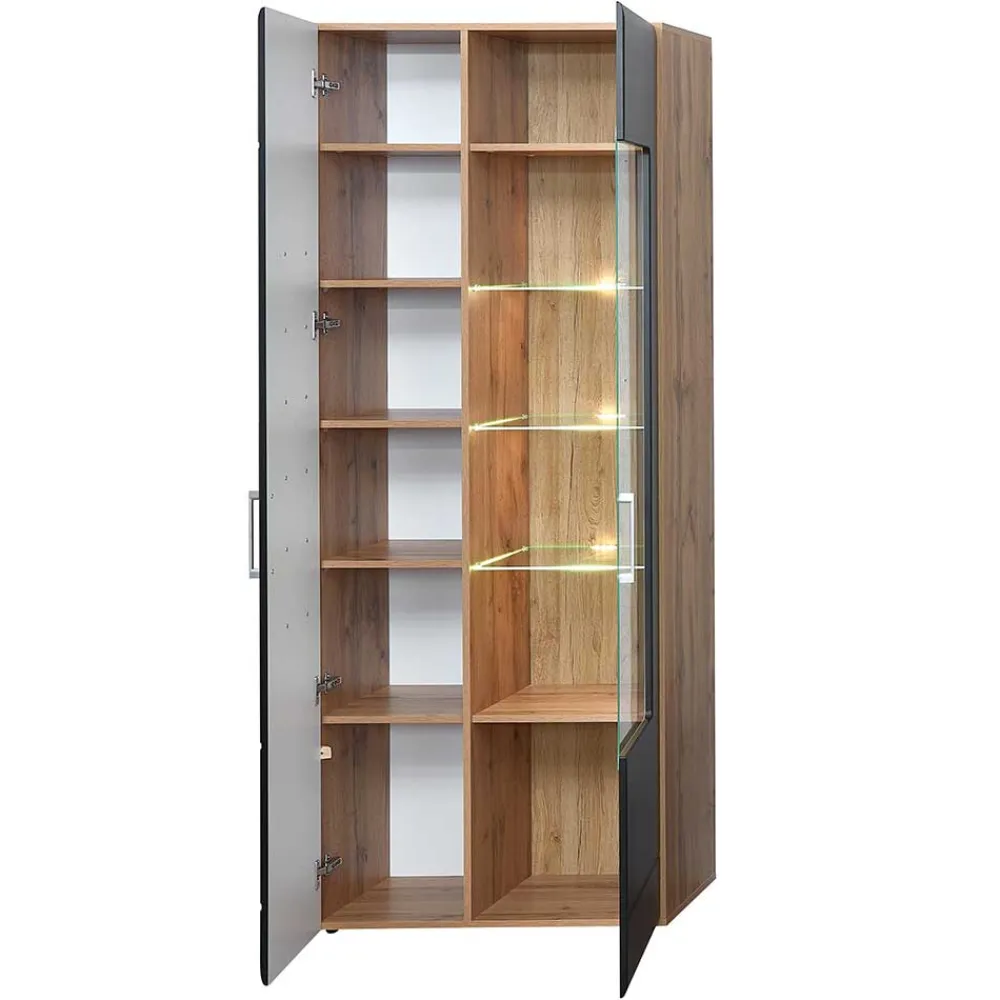 Wohnen Vitrinen<80x208x37 Vitrine in Schwarz & Wildeiche - Kandu