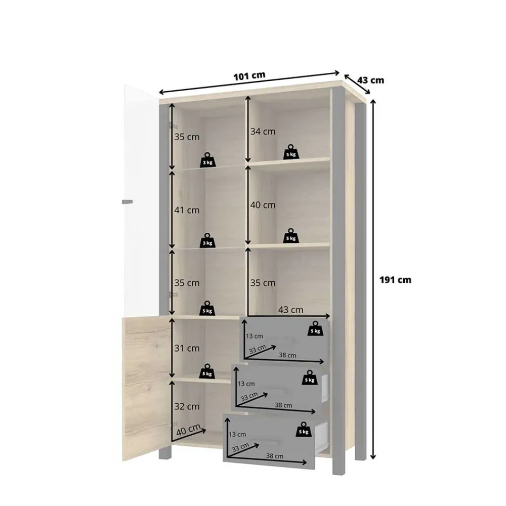 Wohnen Vitrinen<101x191x43 Vitrine Wohnzimmerschrank mit Glastür - Kanellas
