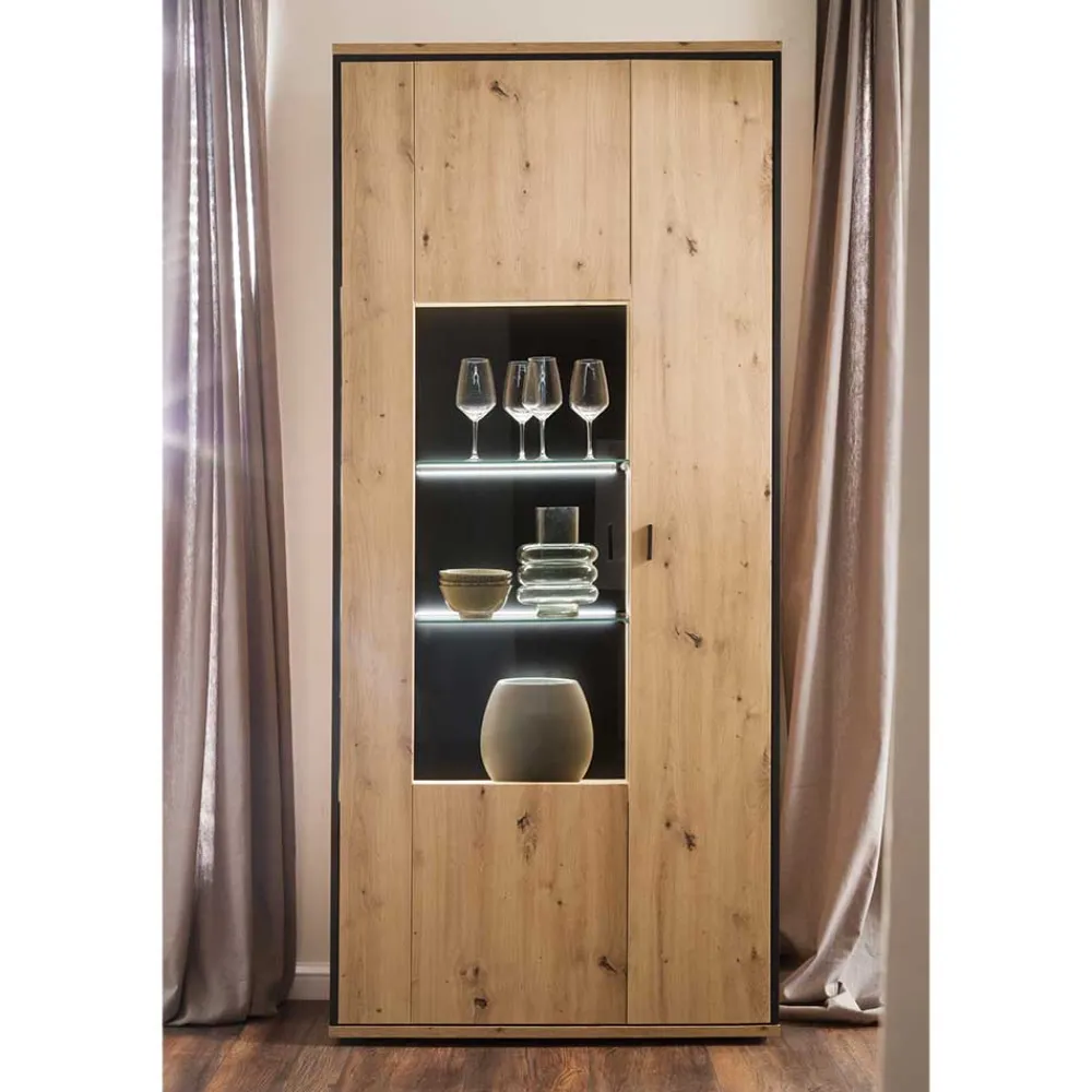 Wohnen Vitrinen<93x210x38 Vitrinenschrank in Eiche Holzdekor - Nikdus